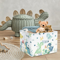 Clastyle Adorable Watercolors Green Dinosaur Shelf Basket—rectangular fits shelves neatly.