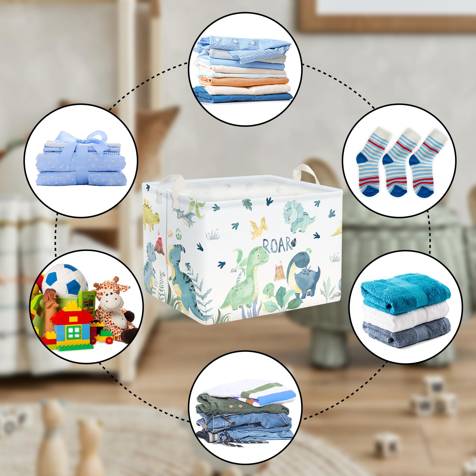 Clastyle Adorable Watercolors Green Dinosaur Shelf Basket with handle—easy transport.