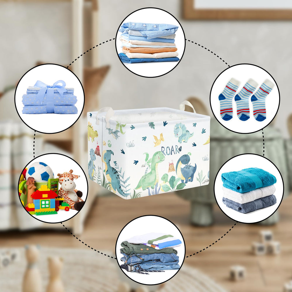 Clastyle Adorable Watercolors Green Dinosaur Shelf Basket with handle—easy transport.