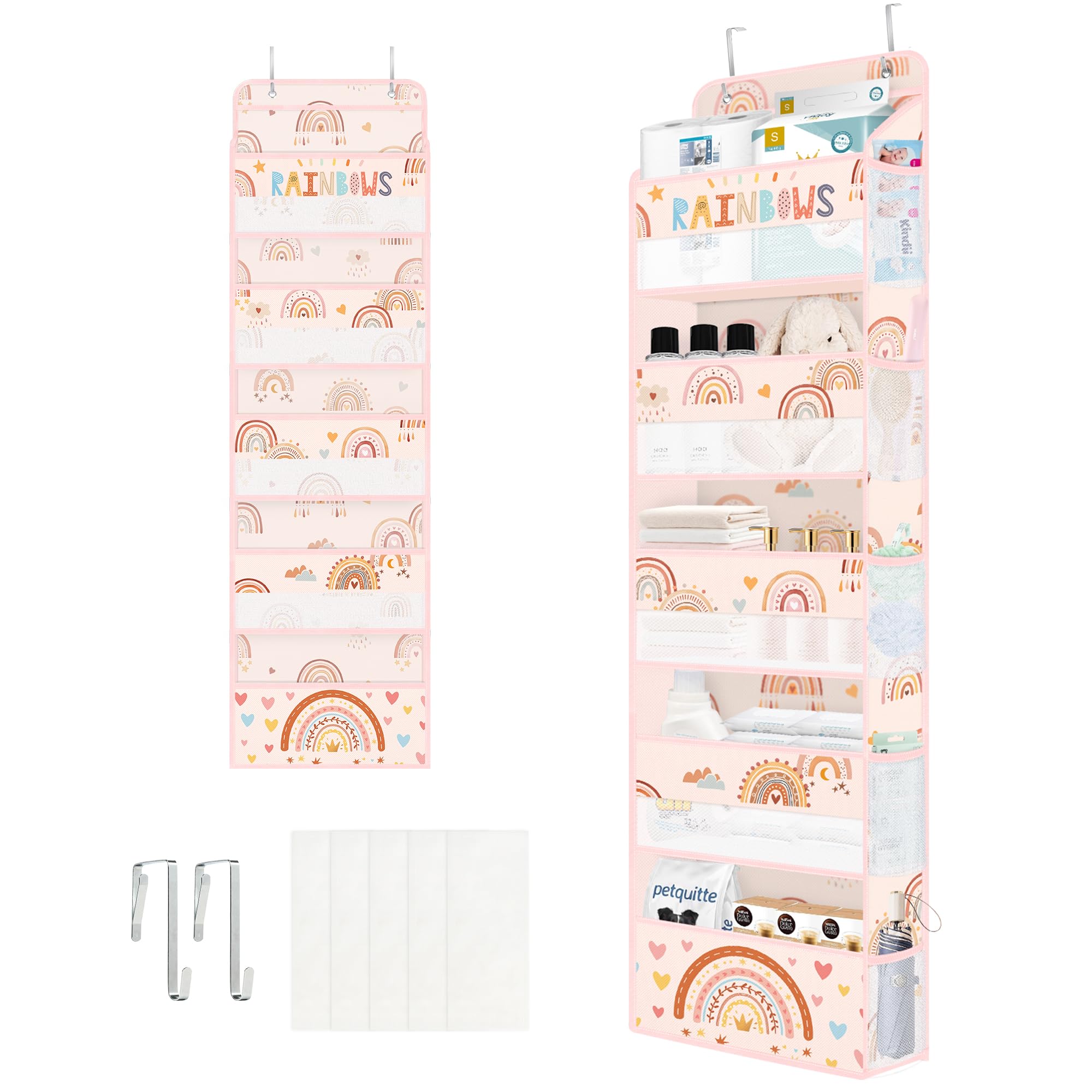 Clastyle Boho Rainbow door organizer front view shows space-saving storage for toys and diapers