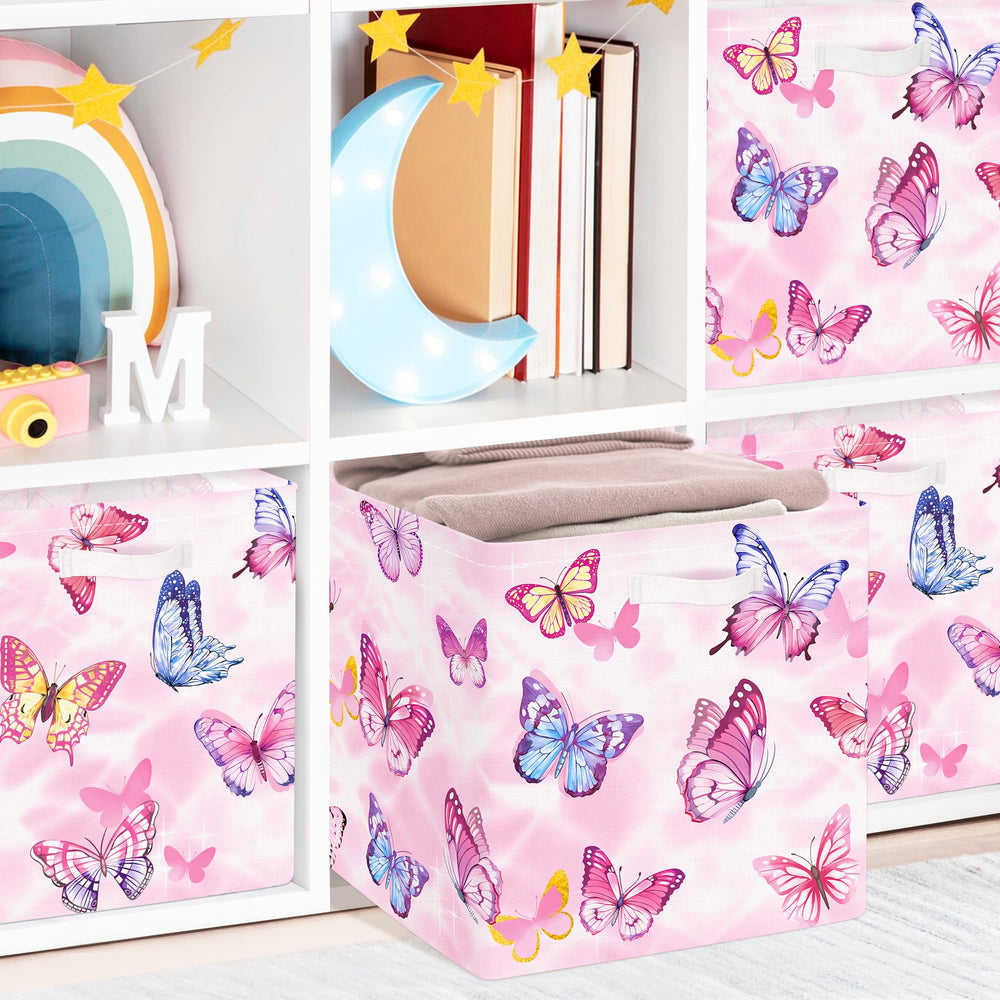 Clastyle Butterfly Storage Cube Pink folds flat when not in use for compact storage.