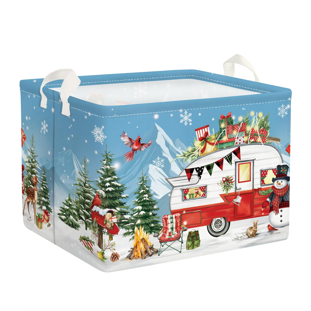 Clastyle camping basket in a pine forest scene for Christmas storage and décor.
