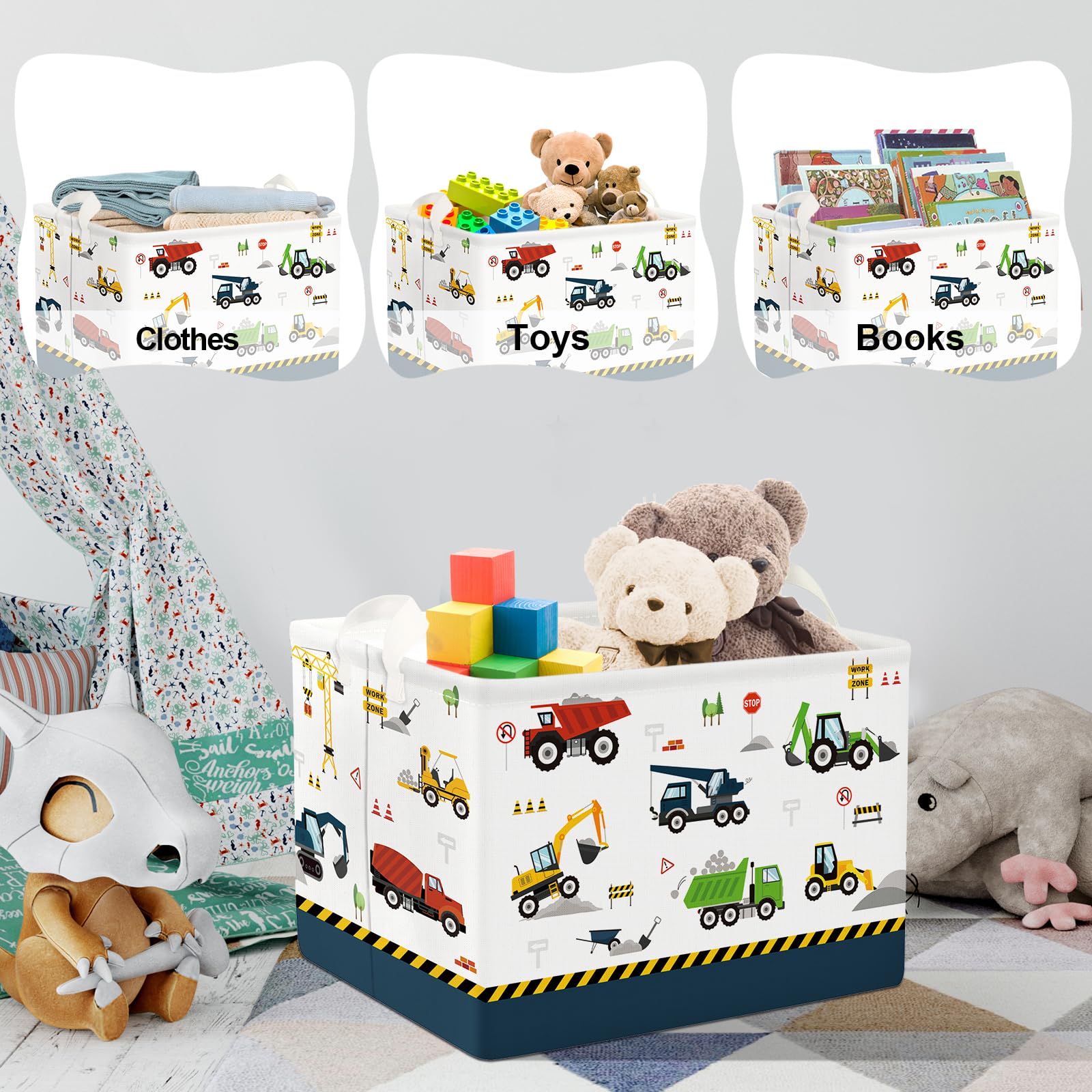 Clastyle cartoon construction truck shelf blue utility-use highlights versatile playroom storage.