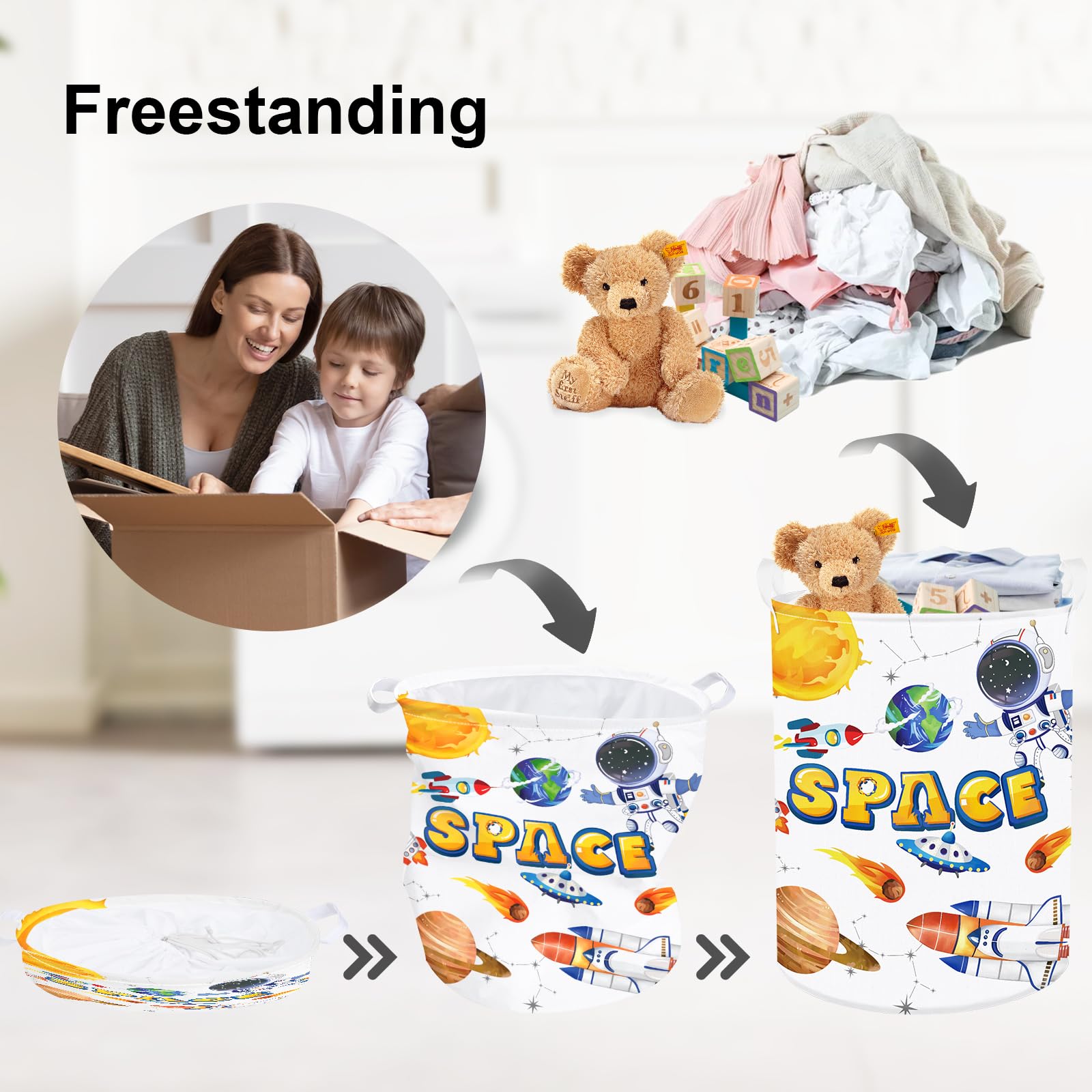 Clastyle Cosmic Space Planet Laundry Basket in a child's bedroom ready for tidy toys.