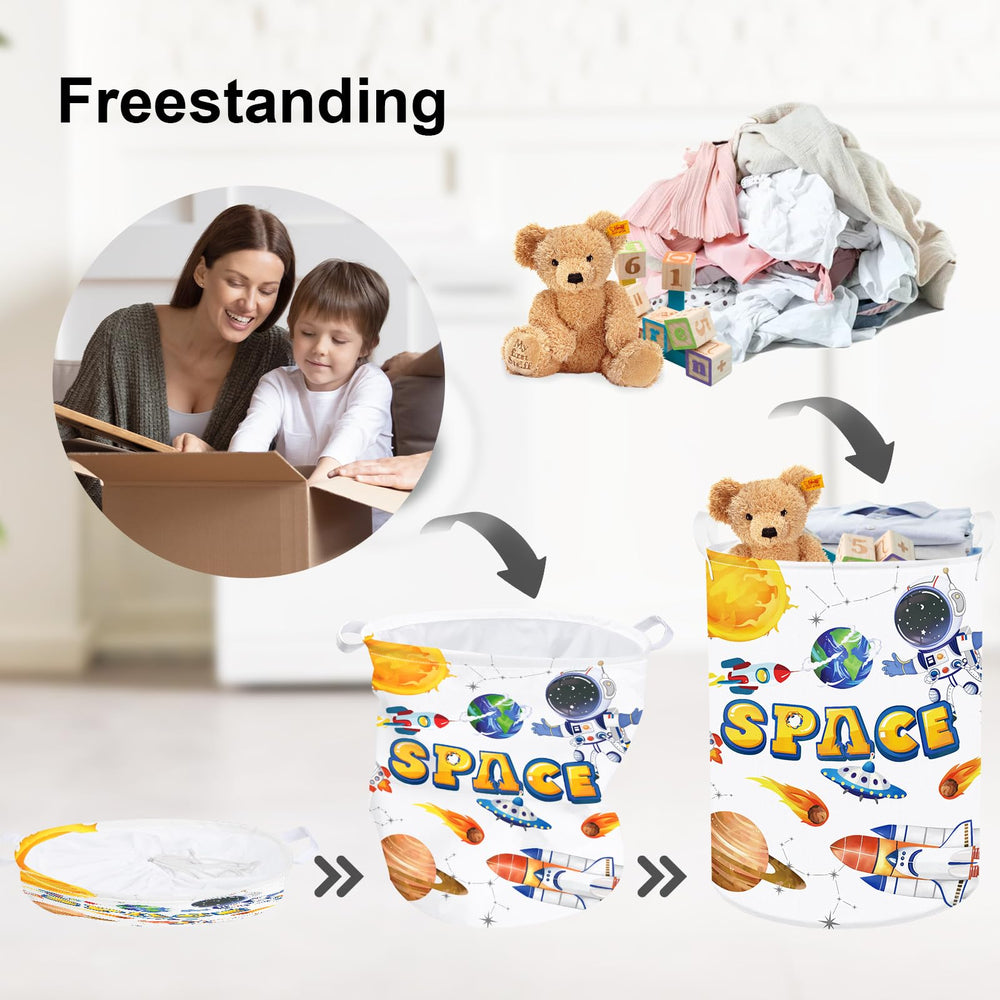Clastyle Cosmic Space Planet Laundry Basket in a child's bedroom ready for tidy toys.