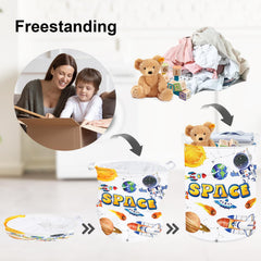 Clastyle Cosmic Space Planet Laundry Basket in a child's bedroom ready for tidy toys.