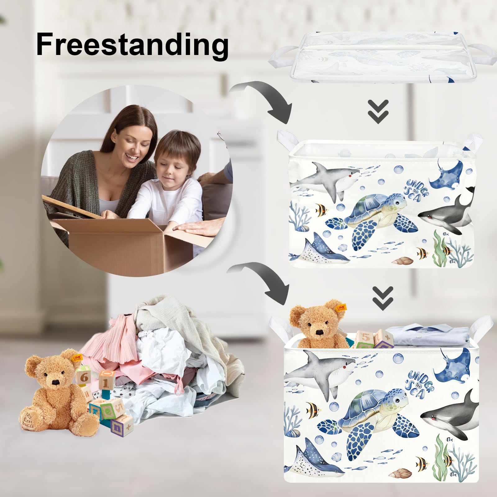 Clastyle fish-sea-turtle-baby-basket 36L capacity keeps stuffed animals neatly contained.