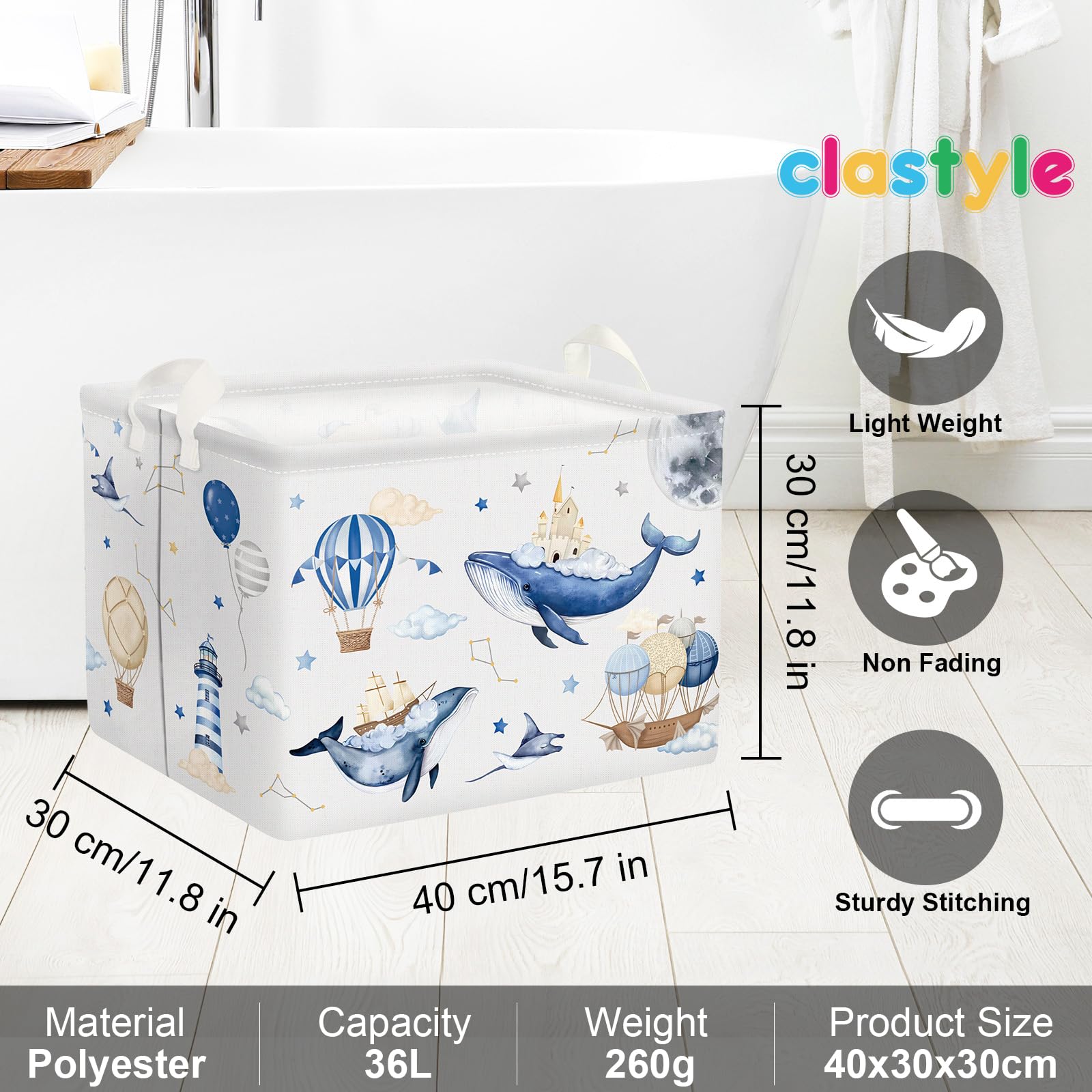 Clastyle Flying Whales Turtle 36L capacity ideal for organizing laundry, toys, or towels