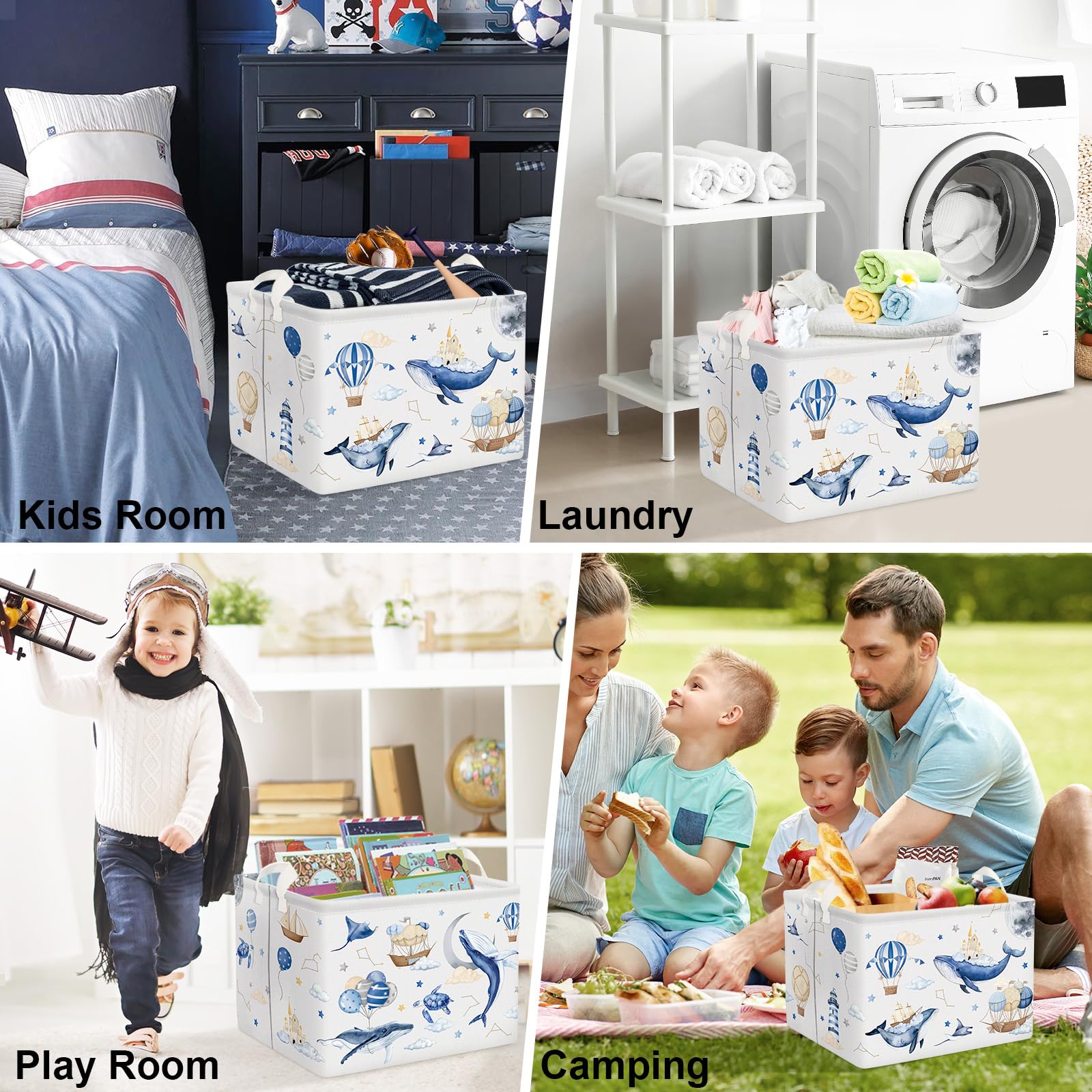 Clastyle Flying Whales Turtle soft-sided basket in use as kid-friendly storage by the bed