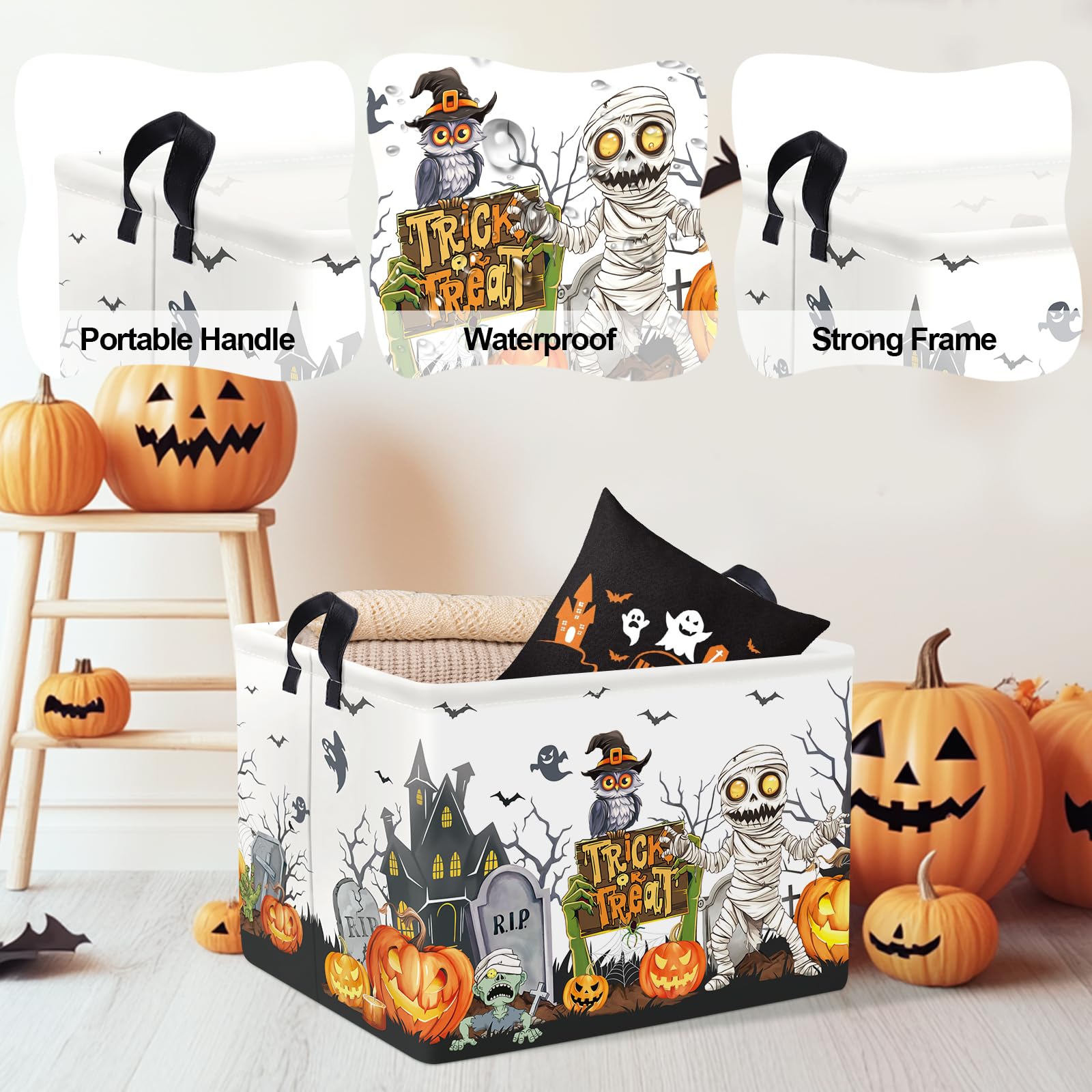 Clastyle Halloween storage basket showing 40x30x30 cm size for easy portability