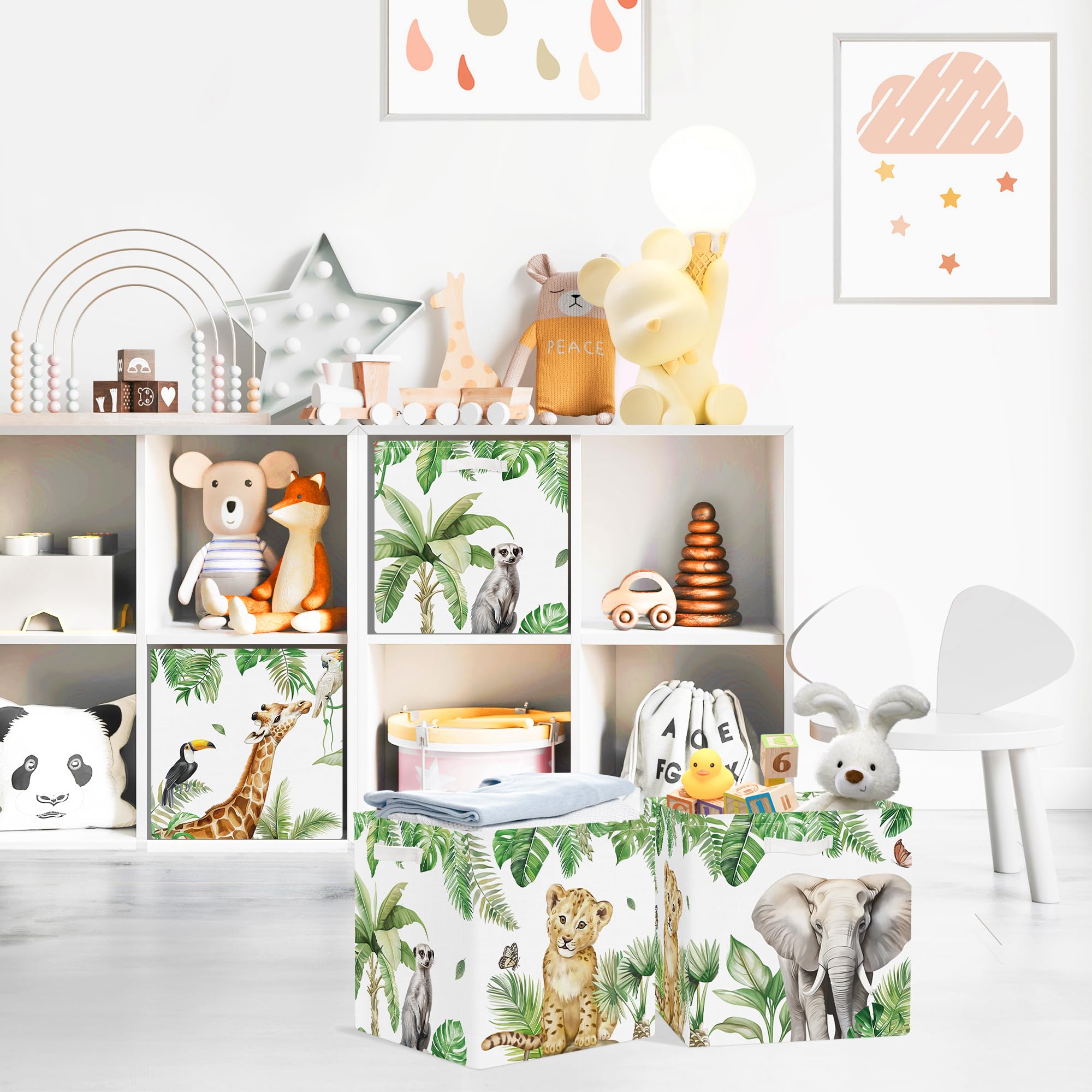 Clastyle Jungle Animals cube bin shows elephant design for quick cleanups in play areas.