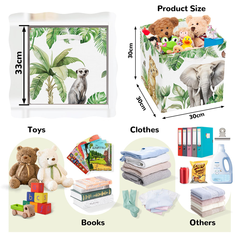 Clastyle Jungle Animals cube bin with giraffe helps tidy books and blocks neatly.