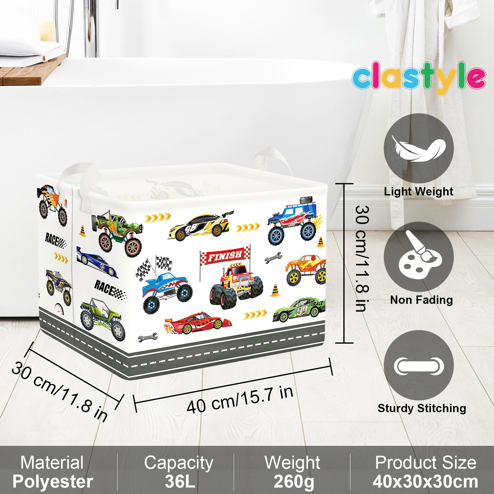 Clastyle Monster Truck Toy Bin in playroom shows soft-sided design for safe portability