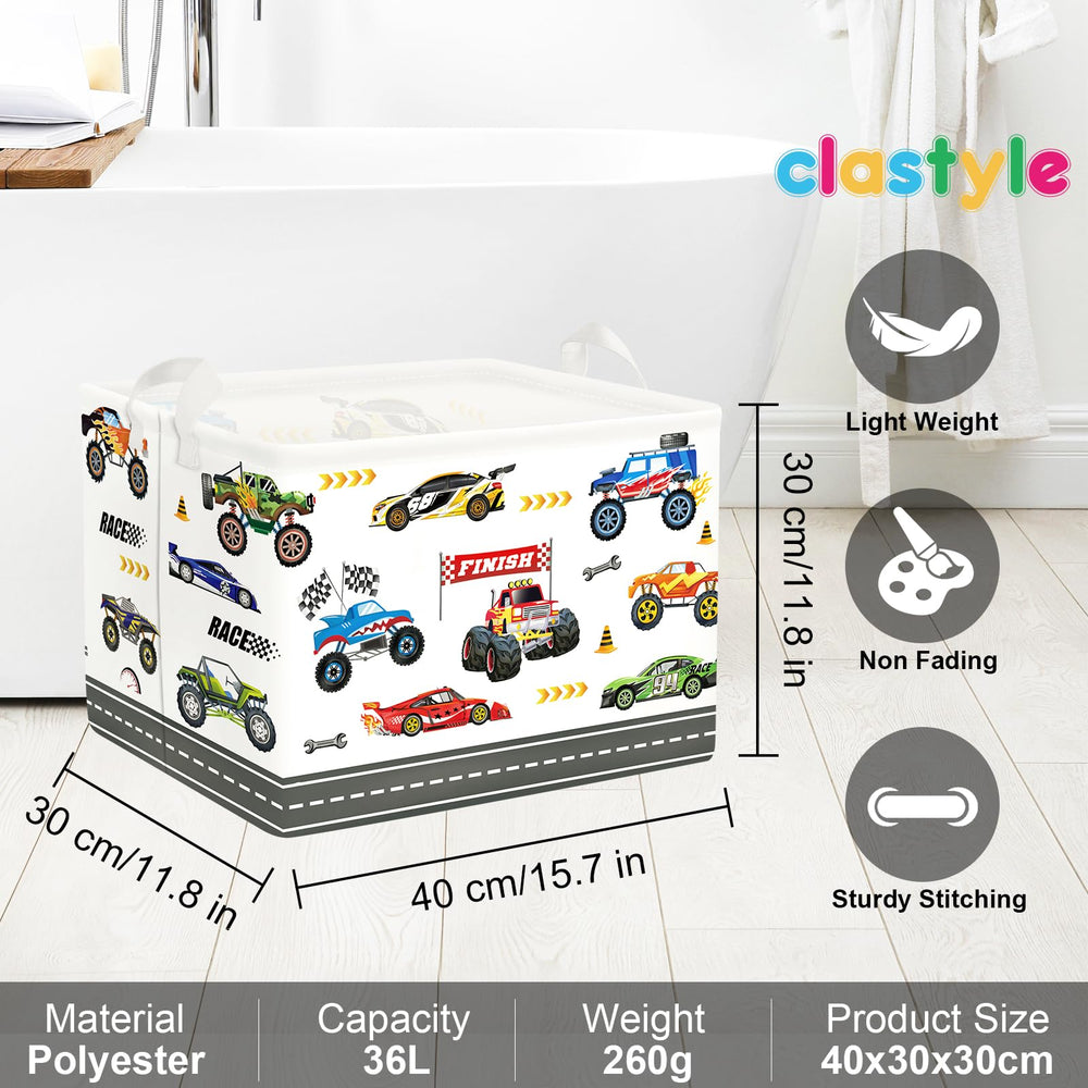 Clastyle Monster Truck Toy Bin in playroom shows soft-sided design for safe portability