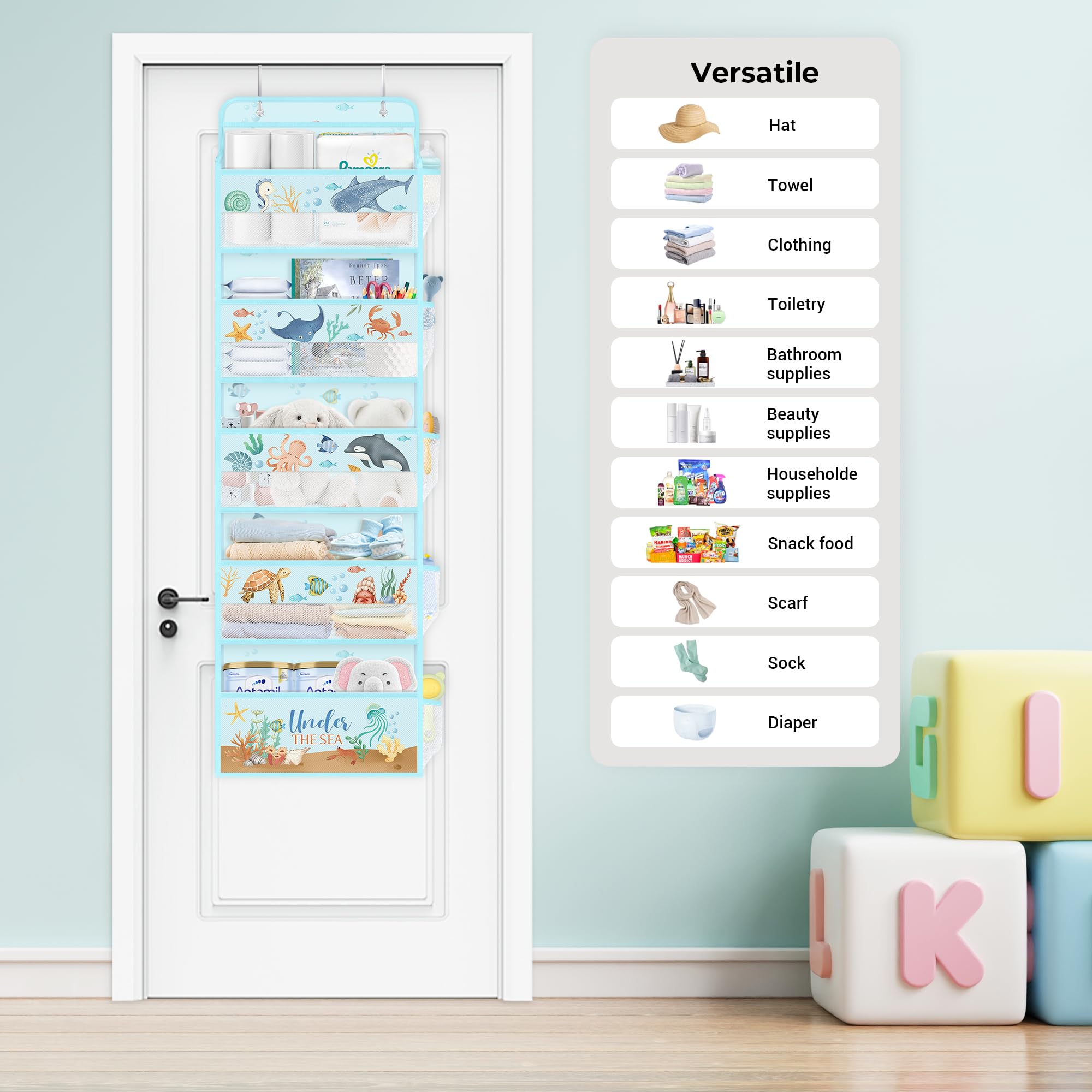 Clastyle Ocean Animals fish door organizer highlights easy-to-reach diapers and wipes behind the door.