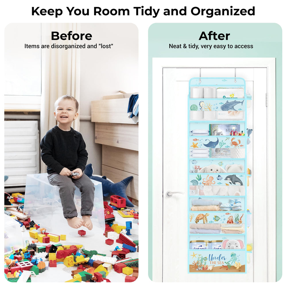 Clastyle Ocean Animals door organizer in use beside bed or vanity for quick access.