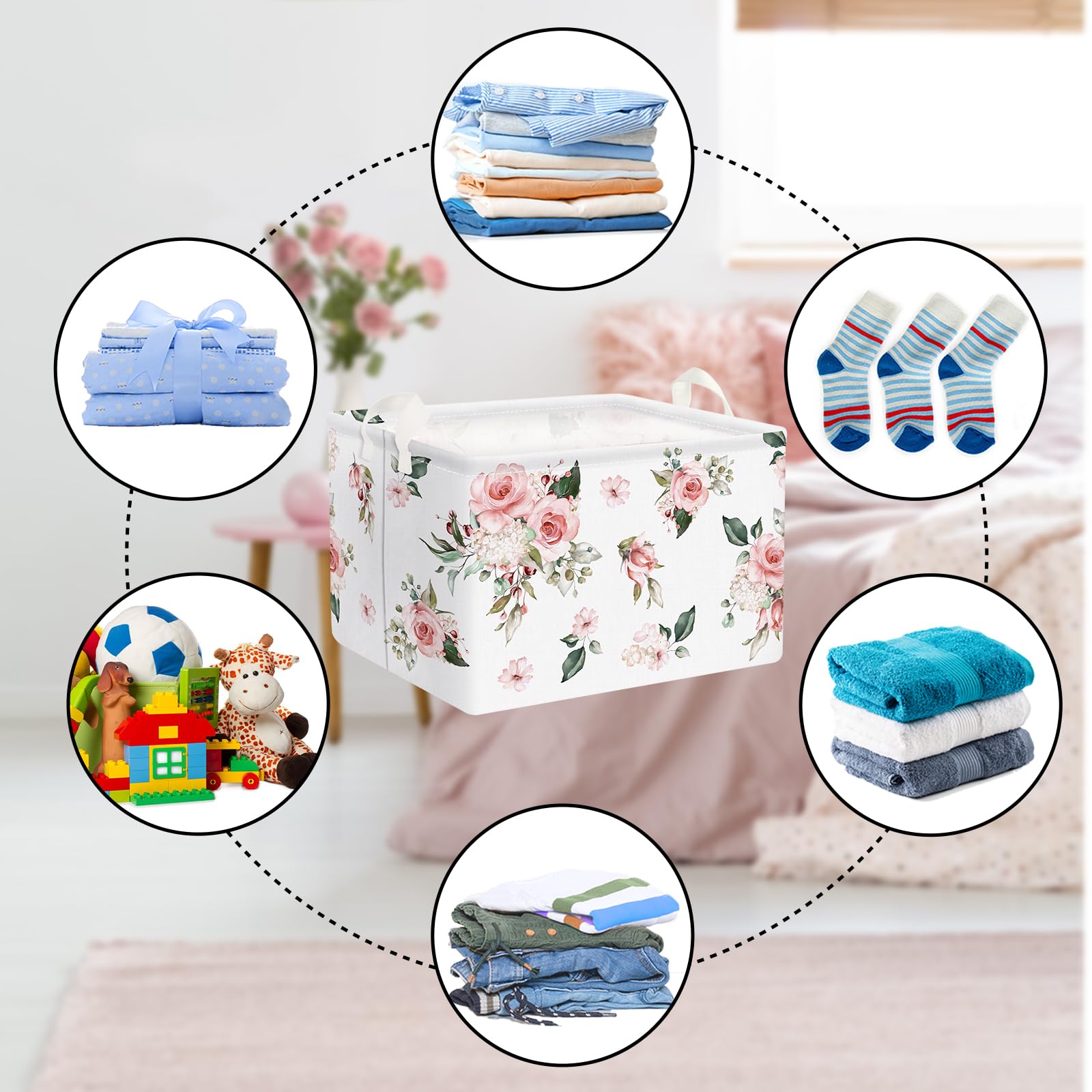 Clastyle pink floral basket on shelf supports compact storage spaces