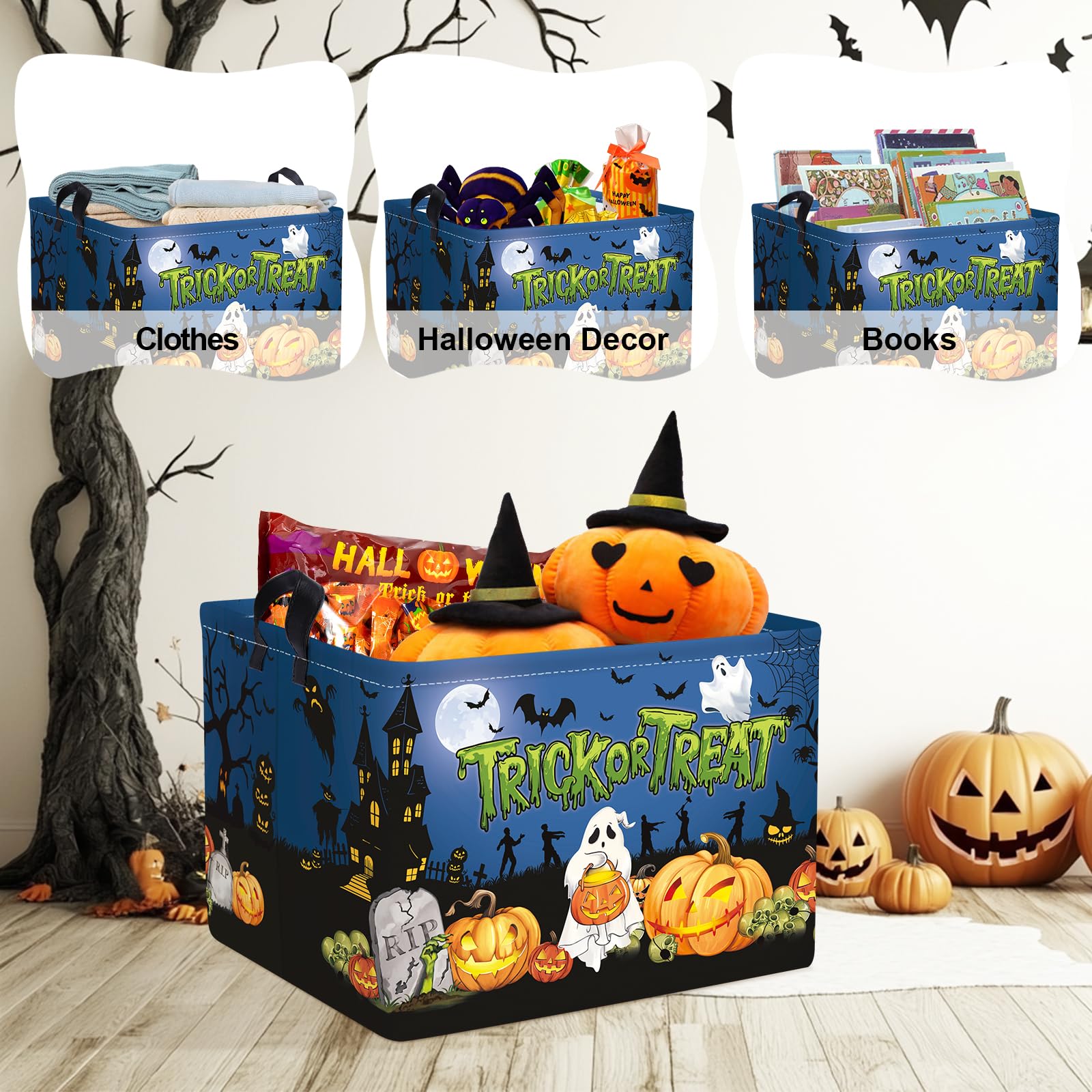 Clastyle pumpkin storage gift idea staged with decor for Halloween or housewarming.