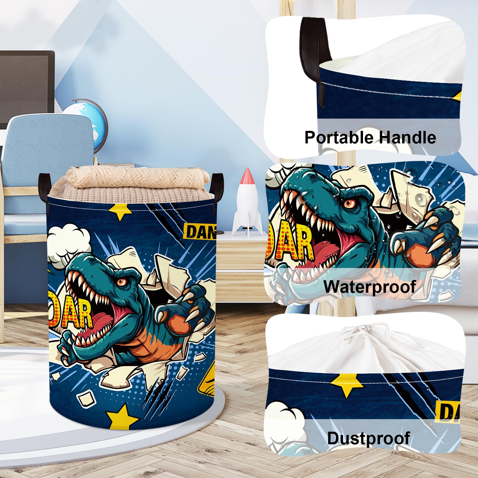 Clastyle roaring-dinosaur-basket filled with toys demonstrates versatile storage in a kids room