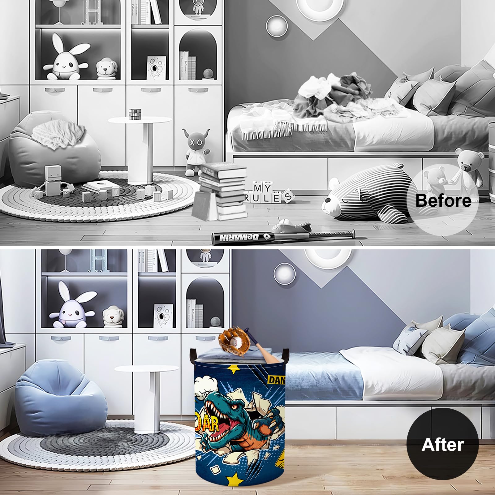 Clastyle roaring-dinosaur-basket side view shows the large 45L capacity for laundry and toys