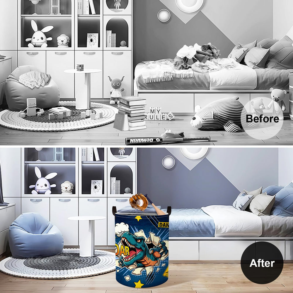 Clastyle roaring-dinosaur-basket side view shows the large 45L capacity for laundry and toys