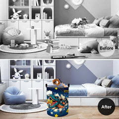 Clastyle roaring-dinosaur-basket side view shows the large 45L capacity for laundry and toys