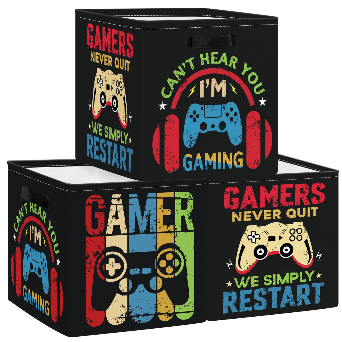 Clastyle cube organizer with black gamepad design keeps toys organized for playtime.