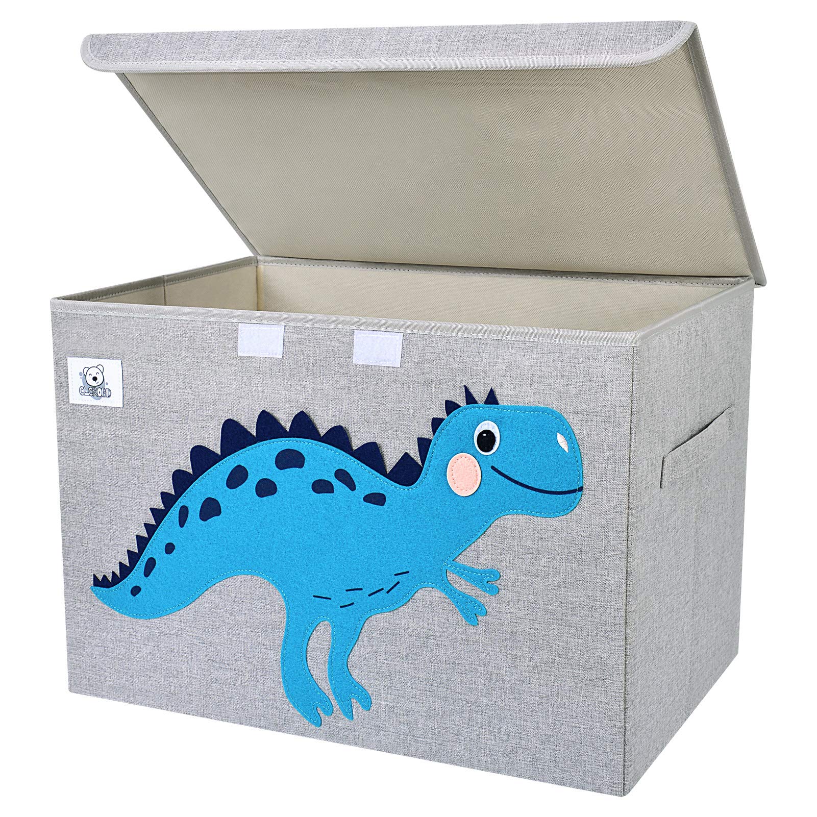 CLCROBD foldable toy chest with dinosaur applique in nursery keeps toys organized.