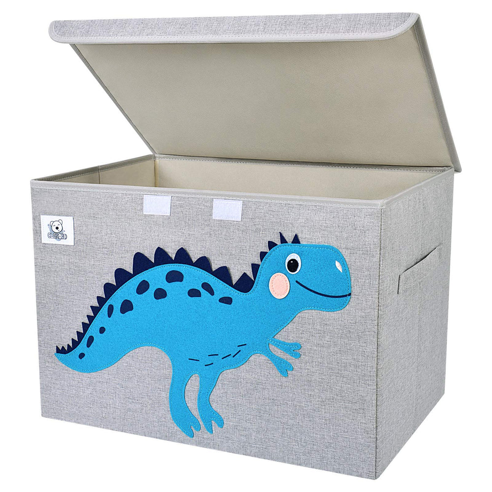 CLCROBD foldable toy chest with dinosaur applique in nursery keeps toys organized.