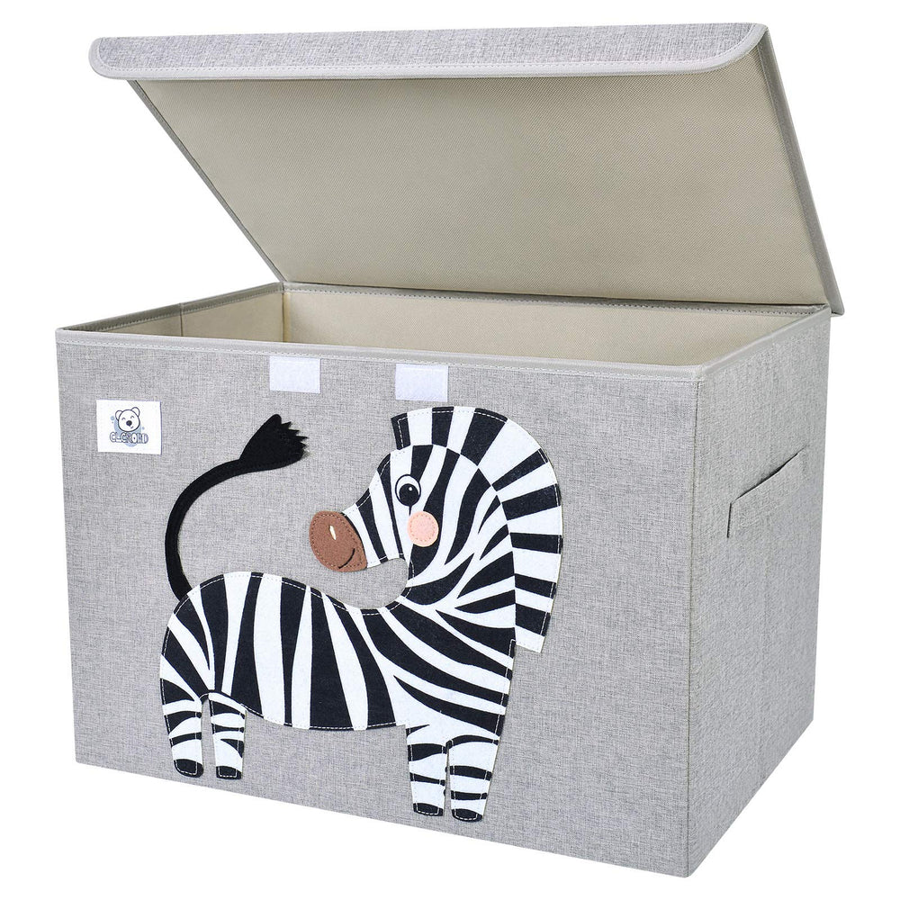 CLCROBD foldable toy chest zebra lid open showcases easy cleanup and organized nursery storage.