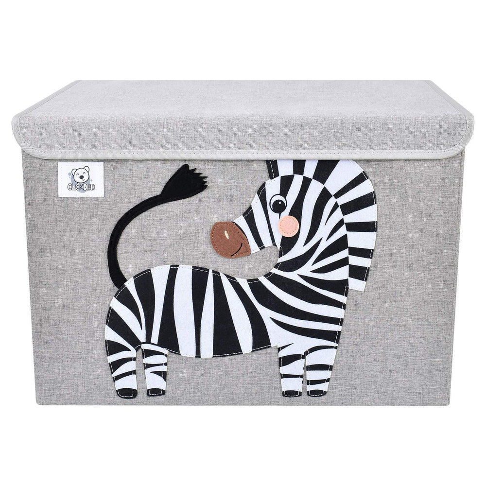 CLCROBD zebra-themed toy chest closeup shows durable fabric and decorative applique for kid-friendly storage.