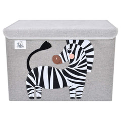 CLCROBD zebra-themed toy chest closeup shows durable fabric and decorative applique for kid-friendly storage.