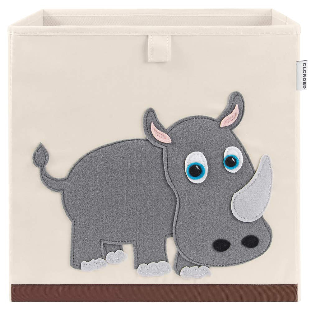 CLCROBD Rhino cube bin front view shows durable fabric and playful nursery design for kids.