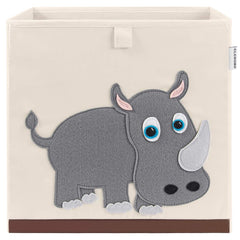 CLCROBD Rhino cube bin front view shows durable fabric and playful nursery design for kids.