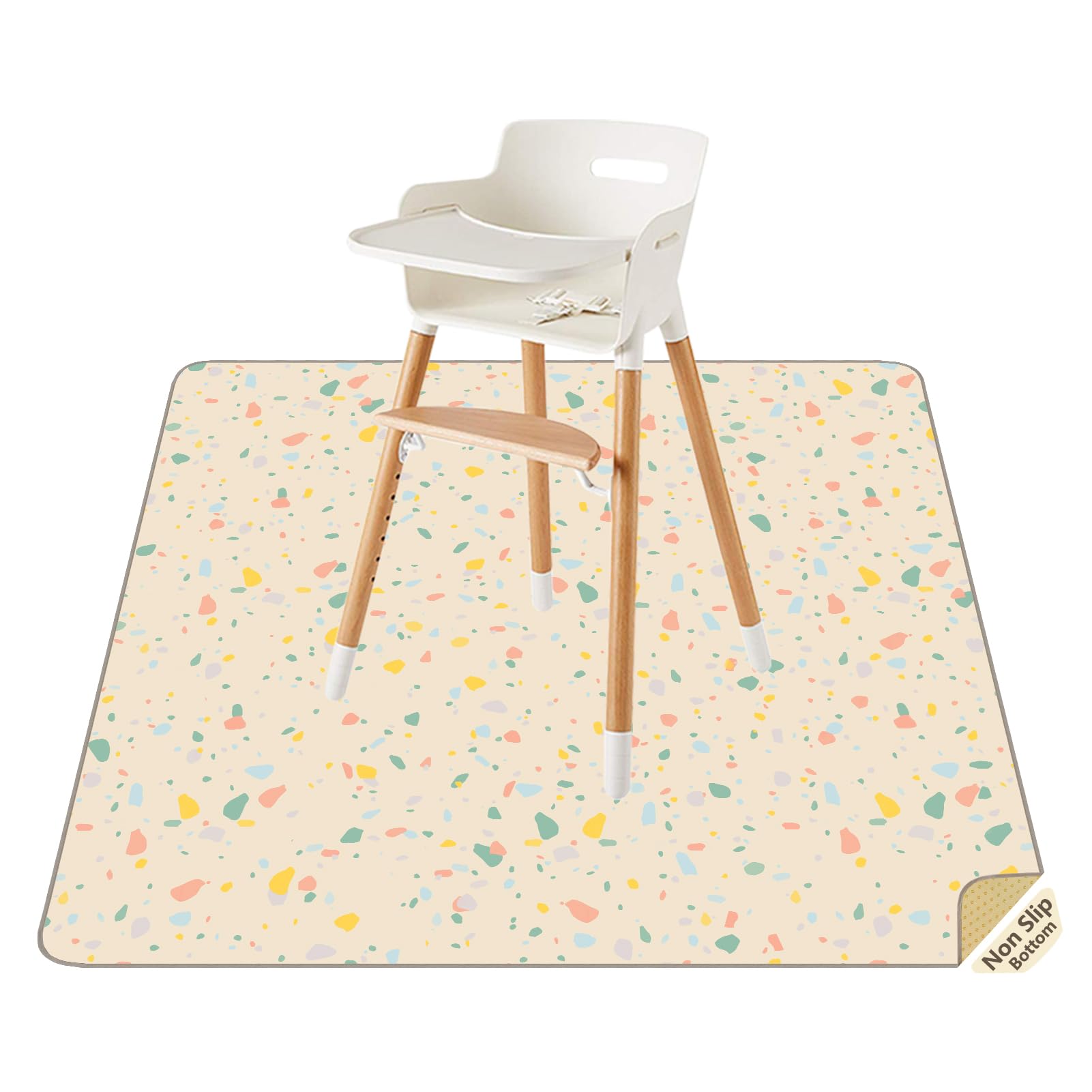 CLCROBD splat mat under high chair in beige protects floors from spills during meals