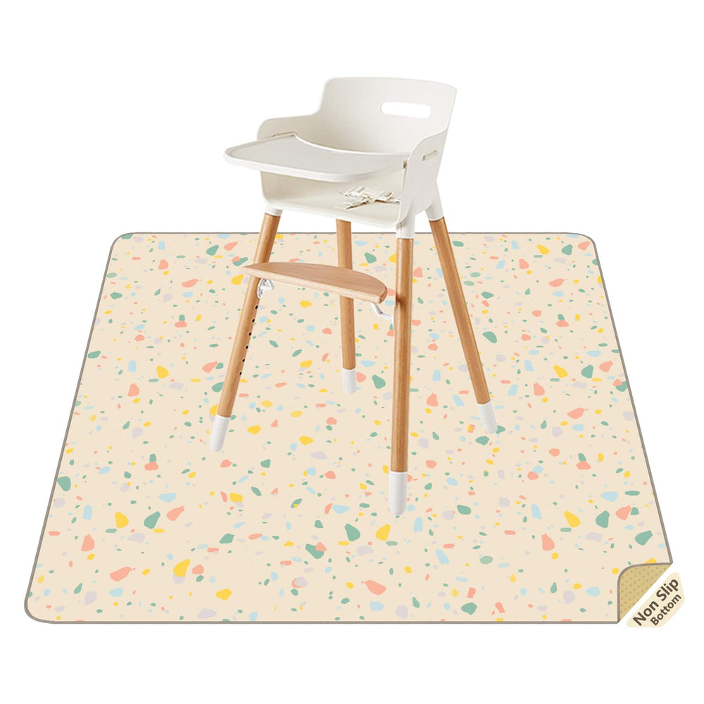 CLCROBD splat mat under high chair in beige protects floors from spills during meals