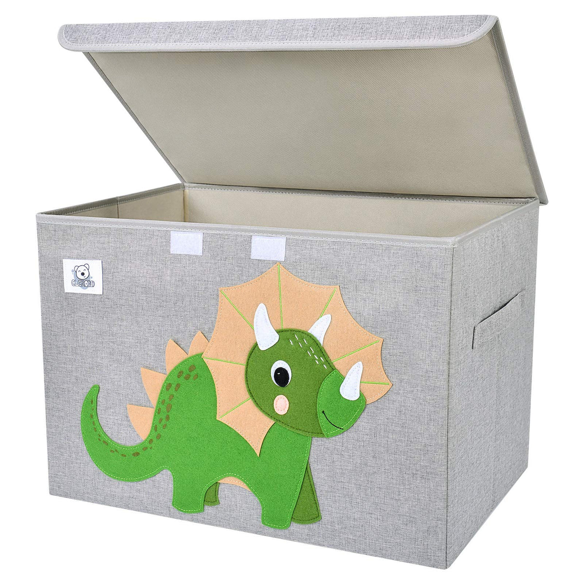 CLCROBD toy chest triceratops lid open for quick cleanup and access