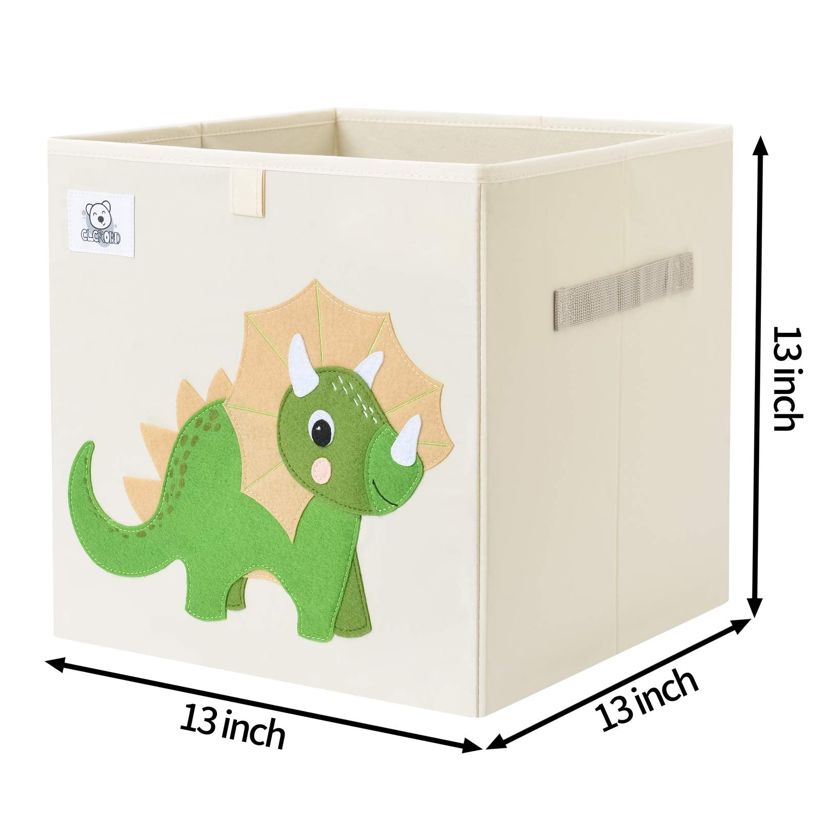 CLCROBD Triceratops cube bin side view fits cubby shelves for organization