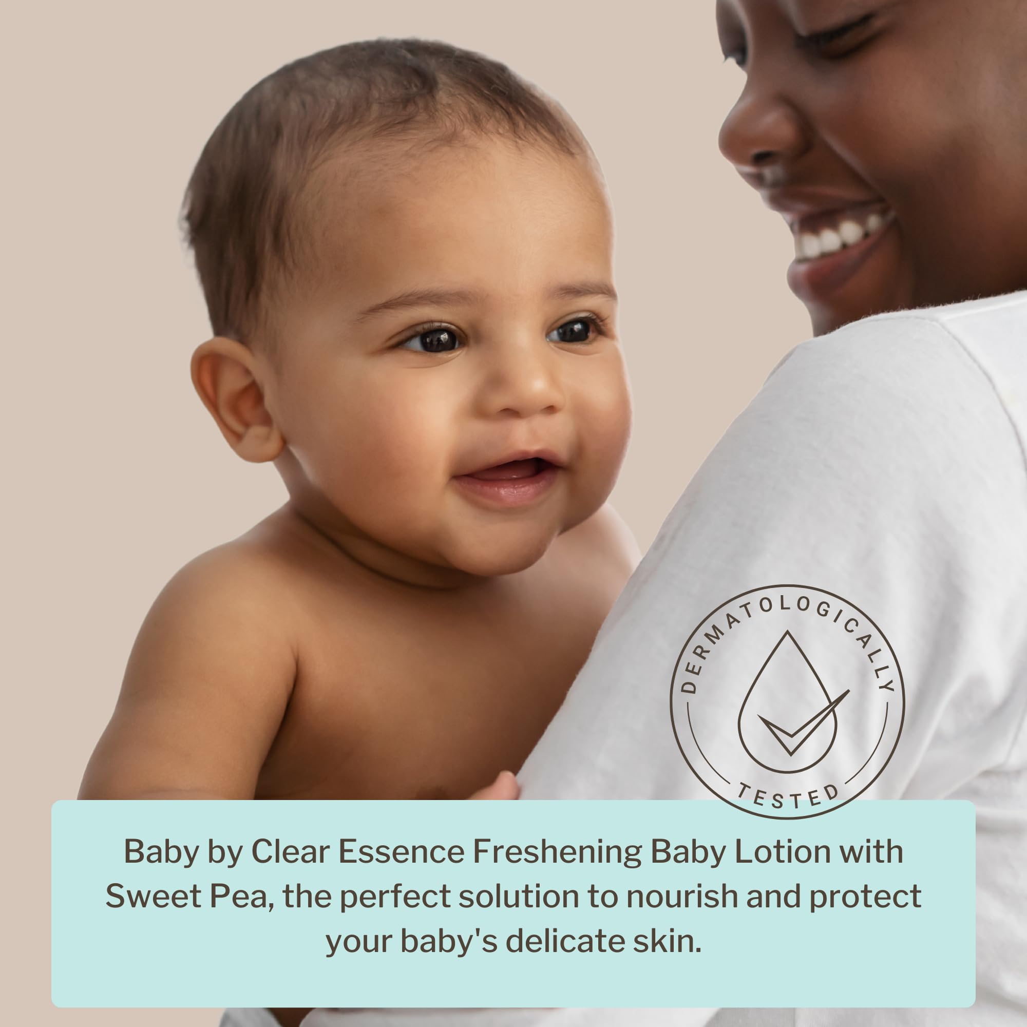 Clear Essence Baby Lotion daily-use pump packaging demonstrates easy, gentle application for busy parents.