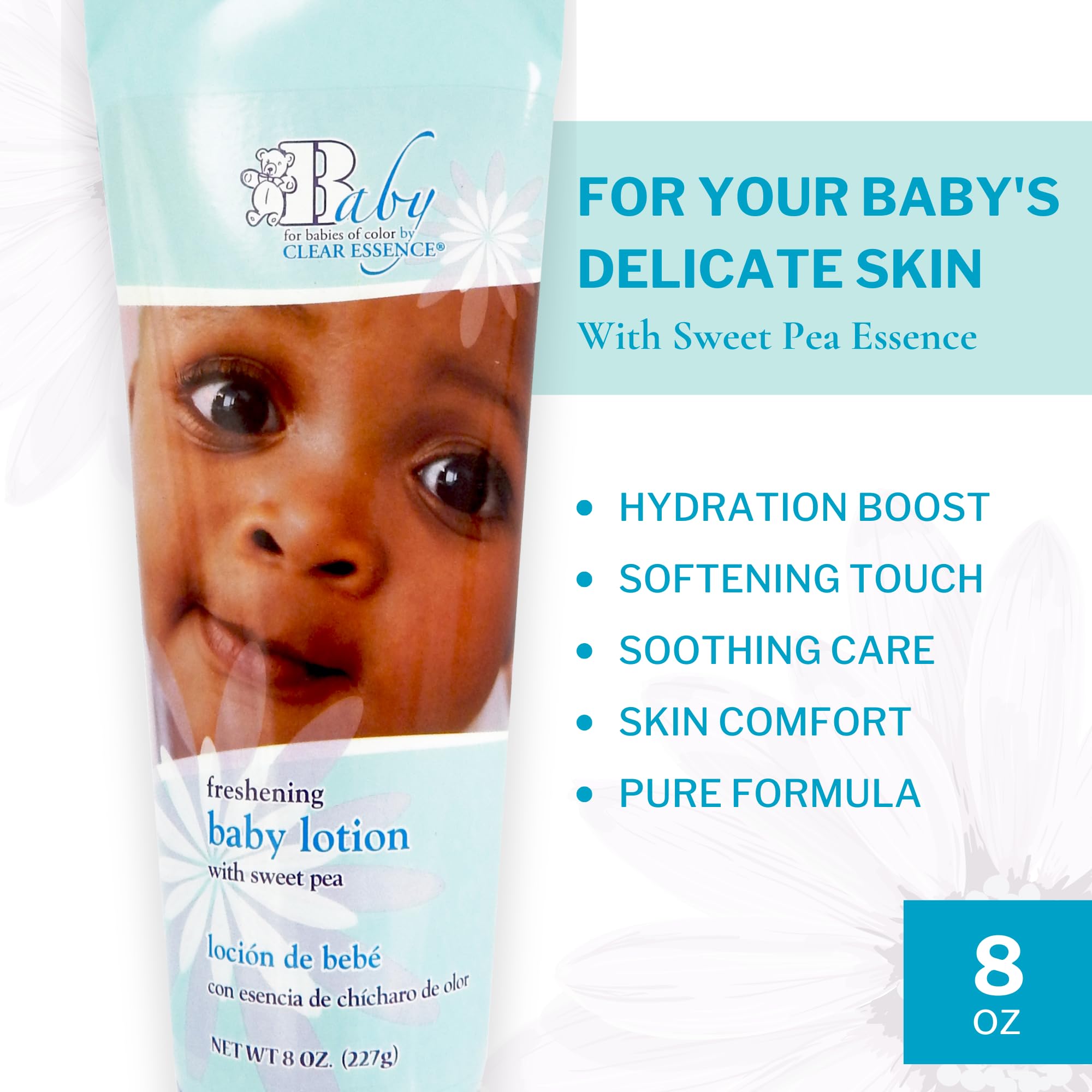 Clear Essence Baby Lotion fragrance Sweet Pea image showcases soothing scent and fresh skin feel.