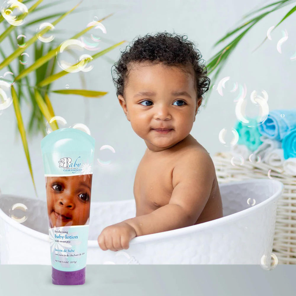 Clear Essence Baby Lotion natural ingredients panel highlights Sweet Pea, Aloe Vera, and Vitamin E for nourished skin.