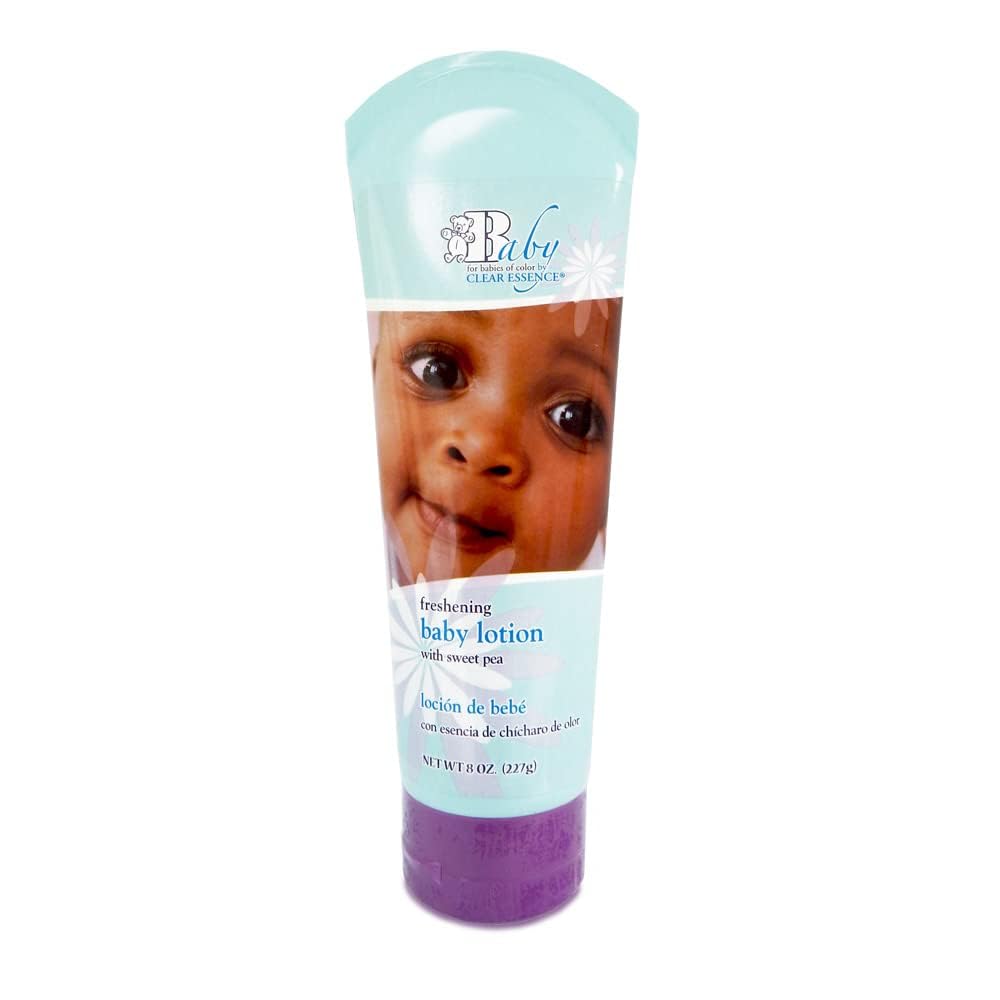 Clear Essence Baby Lotion with Sweet Pea bottle front shows gentle, enduring moisture for delicate skin.