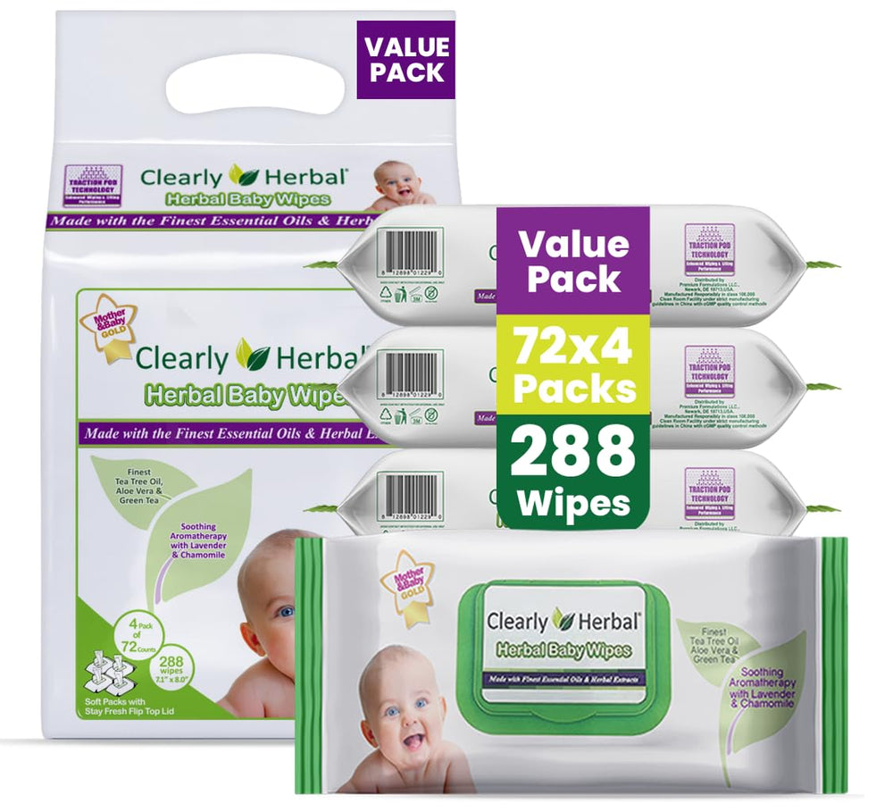 Clearly Herbal baby wipes with flip-top dispenser for quick, mess-free access.