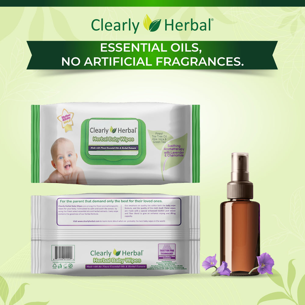 Clearly Herbal wipes ingredient panel highlighting Aloe Vera and Green Tea.