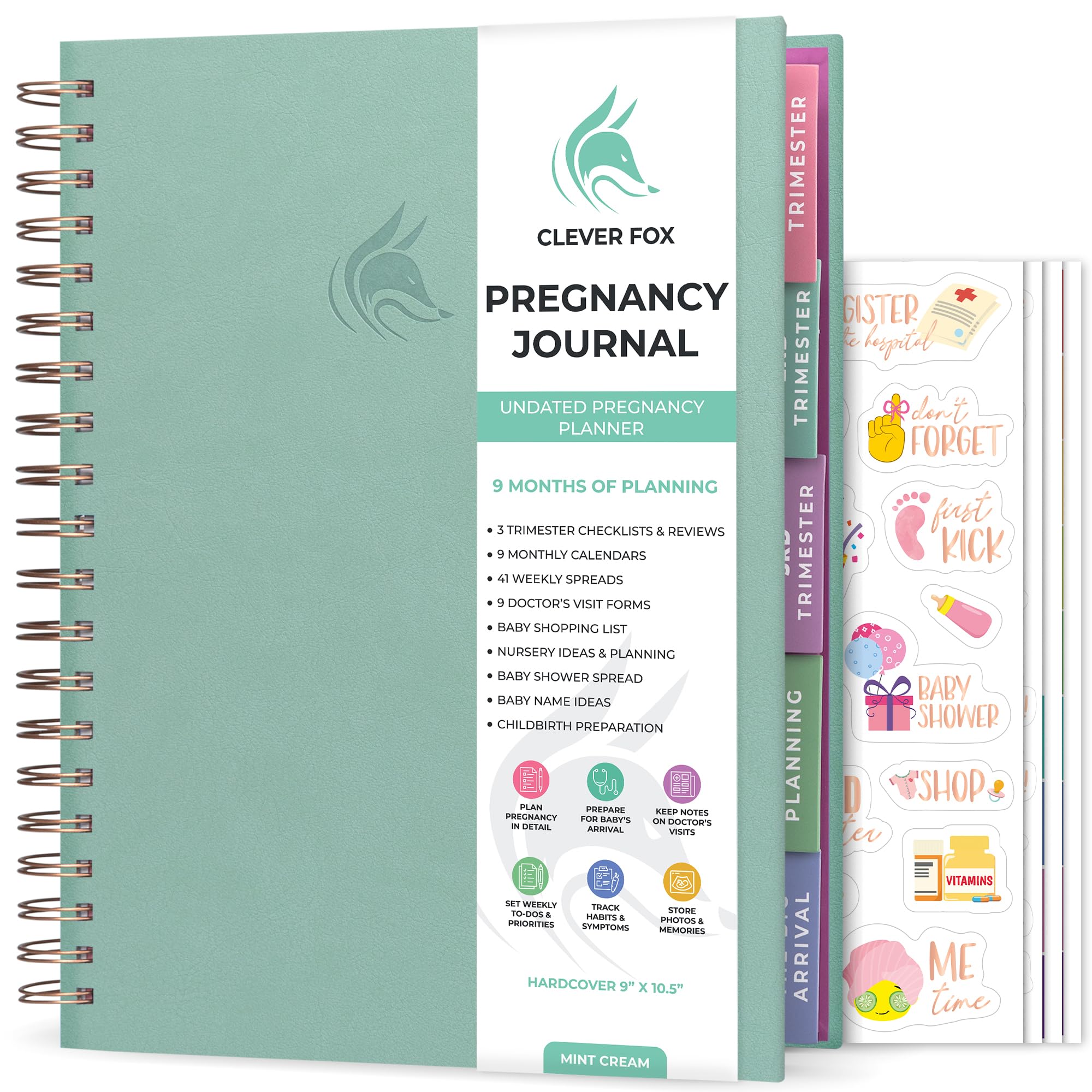 Clever Fox Pregnancy Journal cover in mint cream with premium vegan leather for a durable keepsake