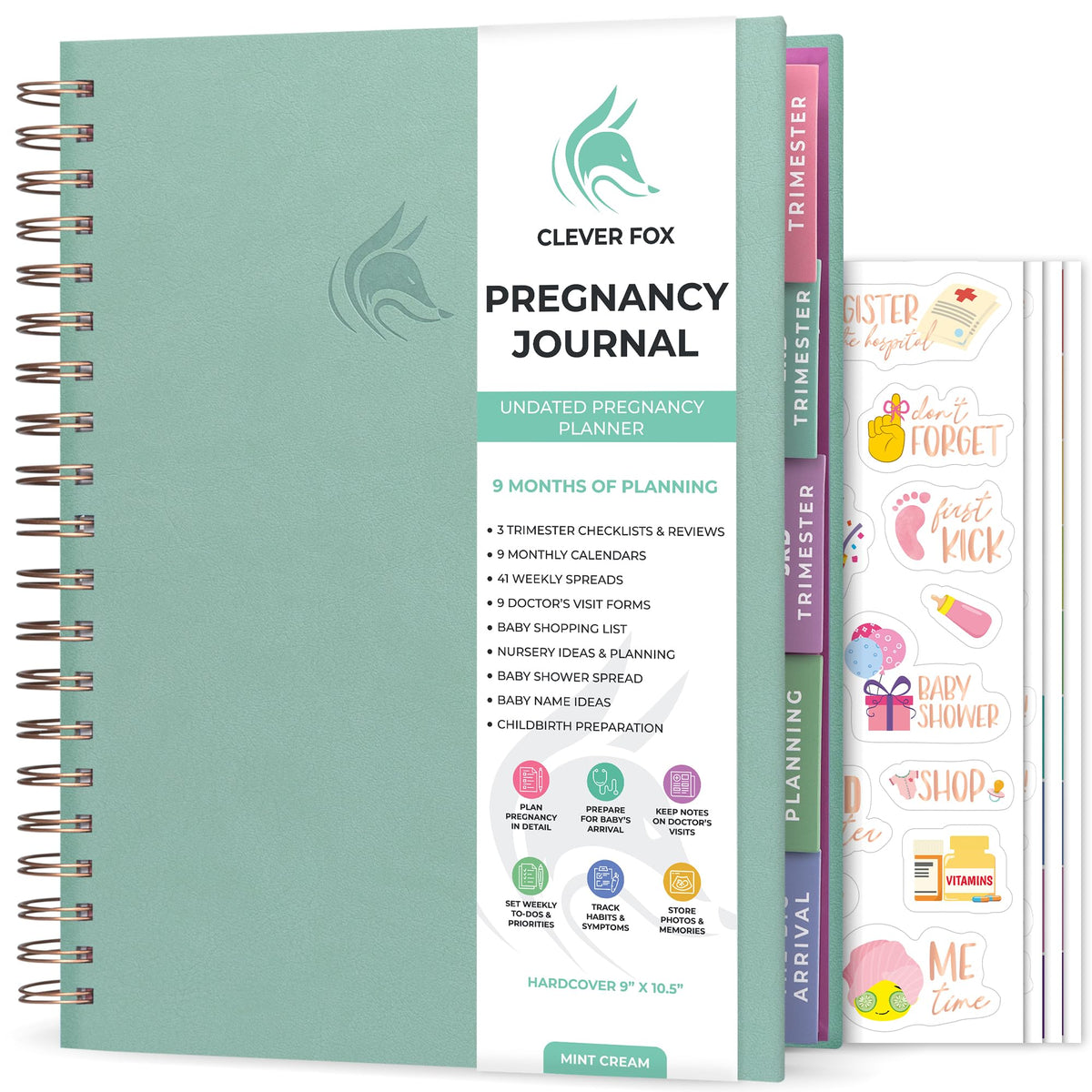 Clever Fox Pregnancy Journal cover in mint cream with premium vegan leather for a durable keepsake