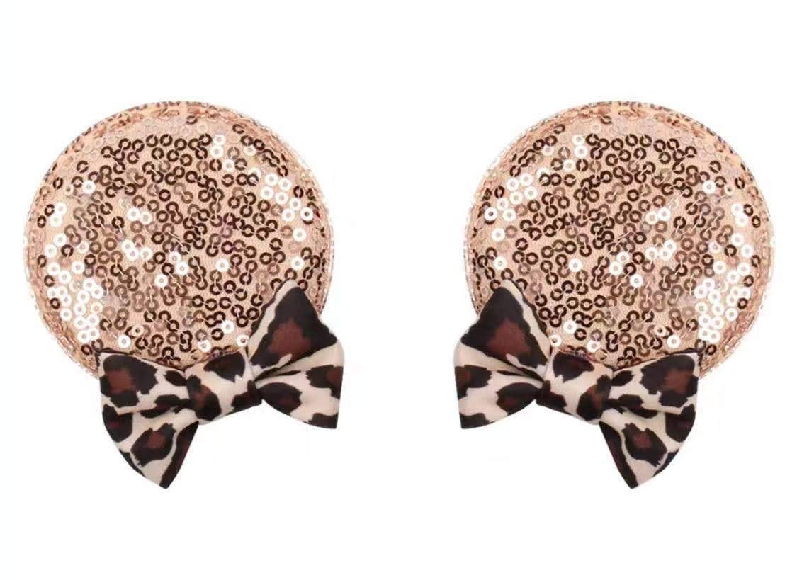 CLGIFT Minnie Ears headband in rose gold leopard print, comfy for babies and toddlers during photos and parties