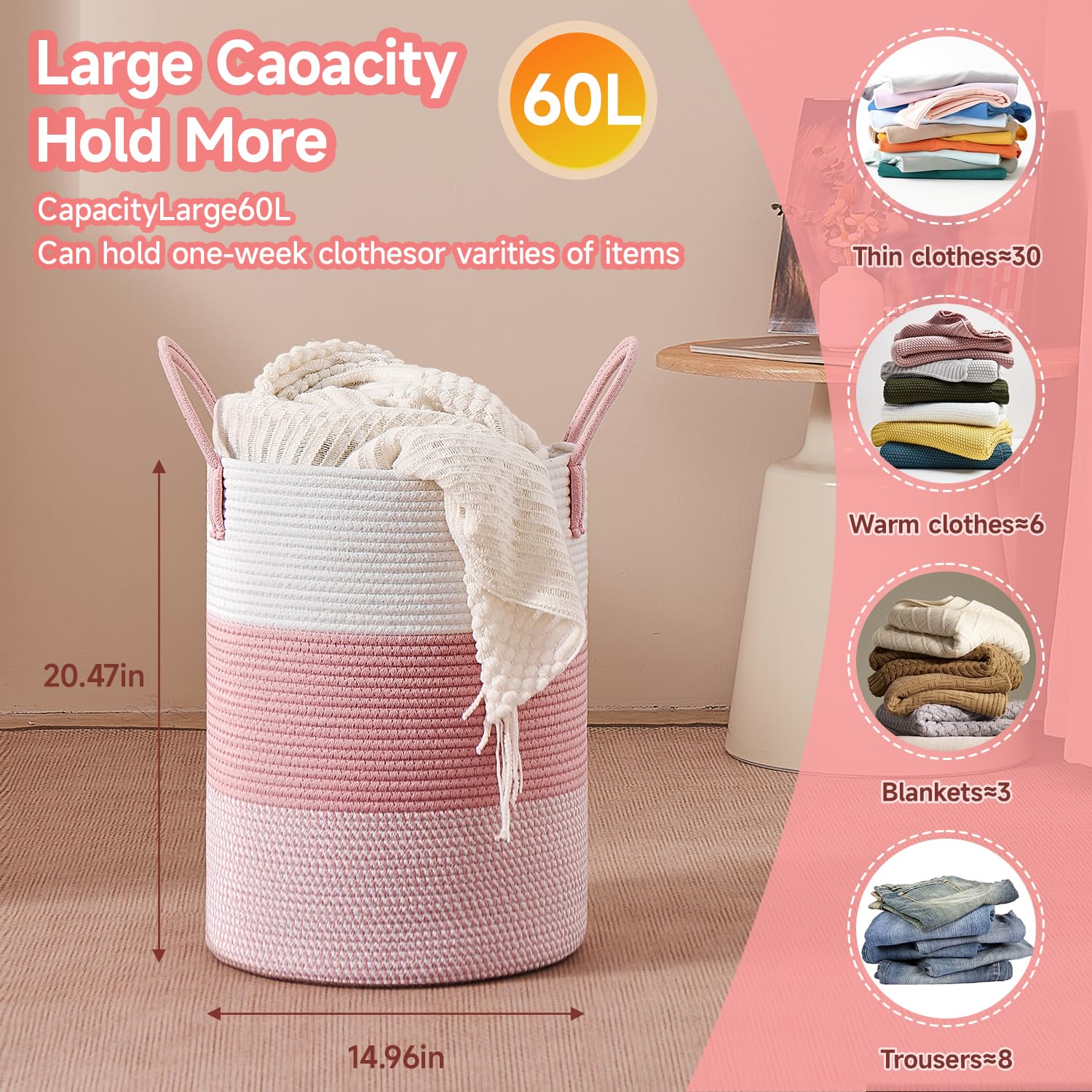 CLHMILY&Z pink rope basket with blankets inside, cozy bedroom storage