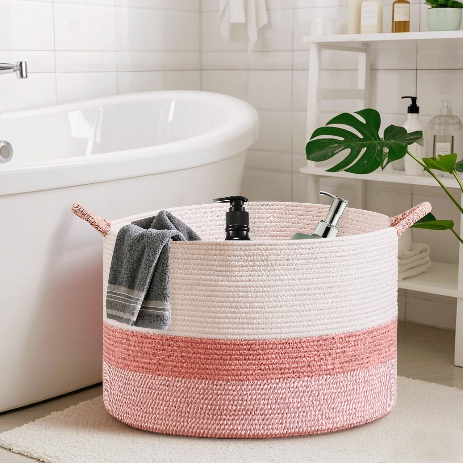 CLHMILY&Z large pink basket side view shows sturdy handles for easy laundry transport