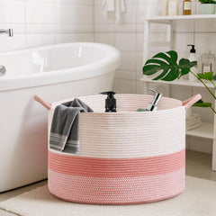 CLHMILY&Z large pink basket side view shows sturdy handles for easy laundry transport